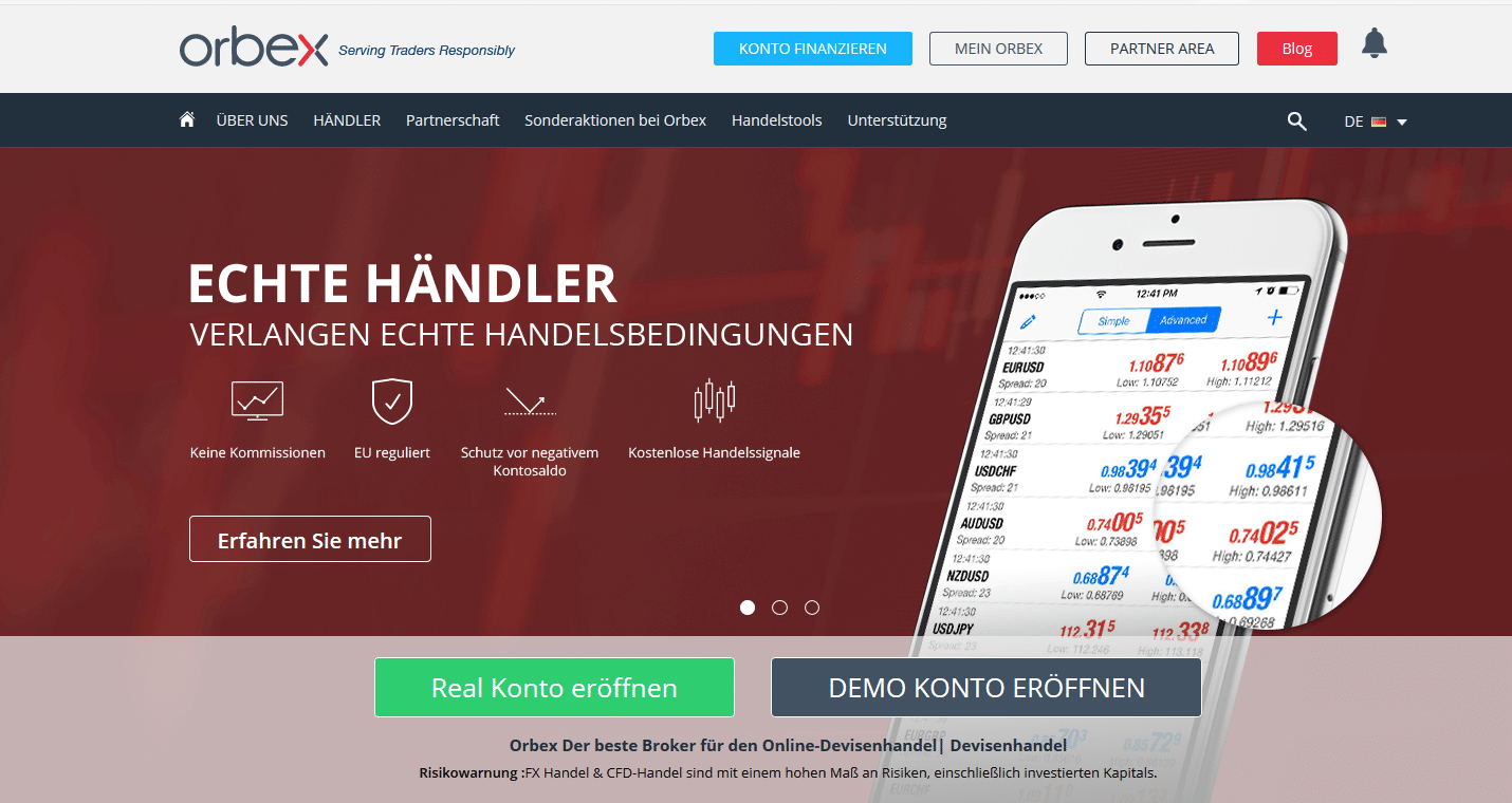 Startseite von Orbex mit Kontoeröffnung und Trading-Plattform auf dem Smartphone